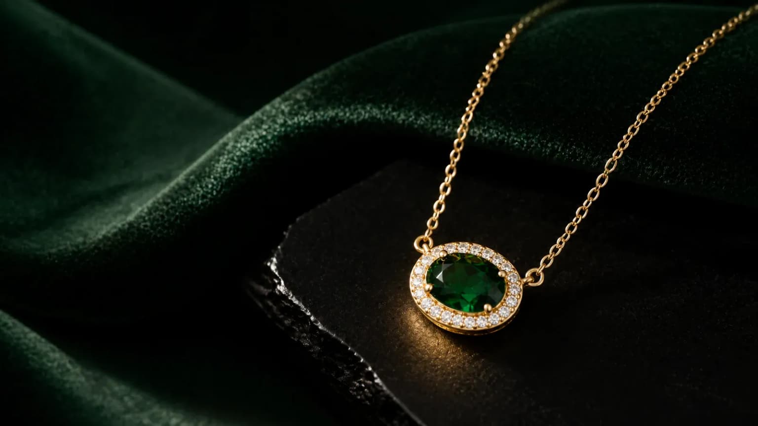 Gold-tone necklace with a green pendant and clear decorative stones, displayed on dark green fabric.