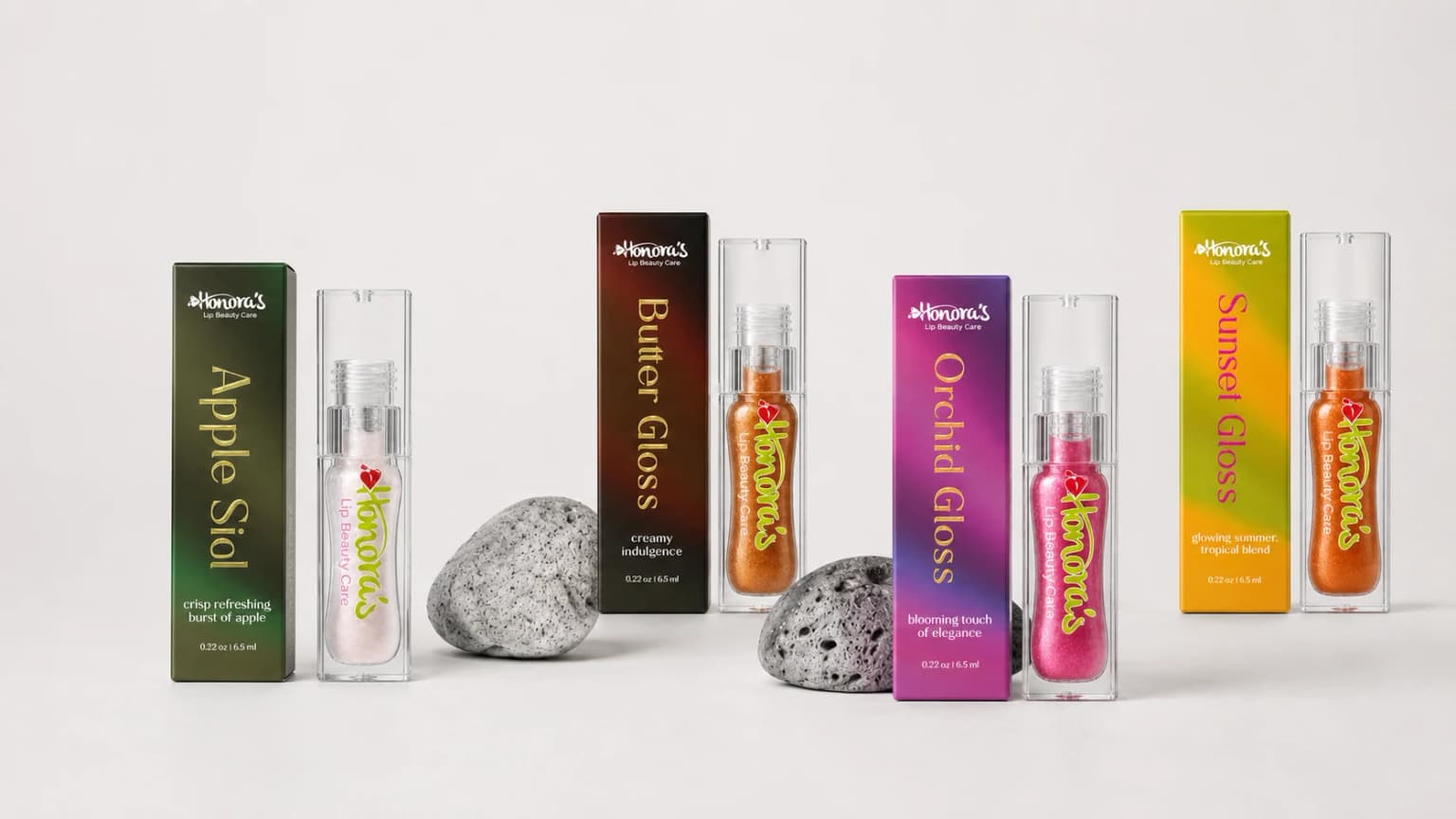 HONORAS lip gloss collection with colorful packaging