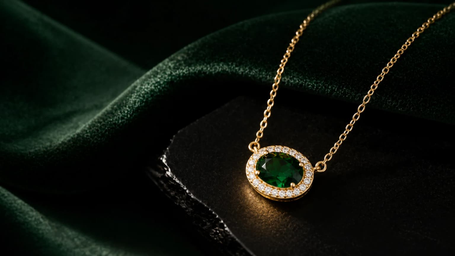 Gold emerald halo necklace resting on dark green velvet and black stone