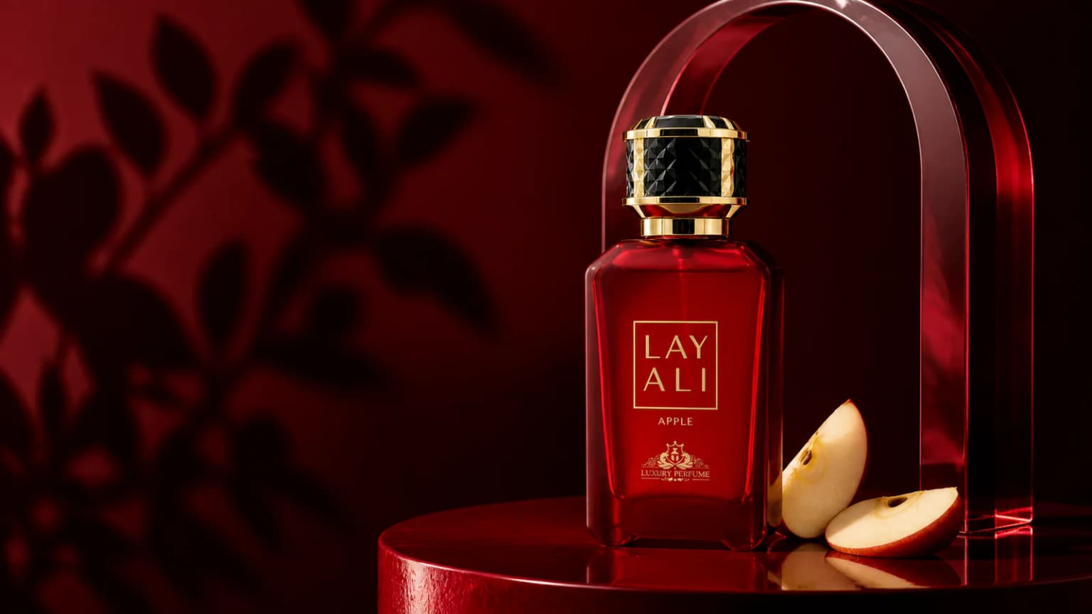 Lay Ali Apple perfume bottle on a burgundy lacquer set with apple slices