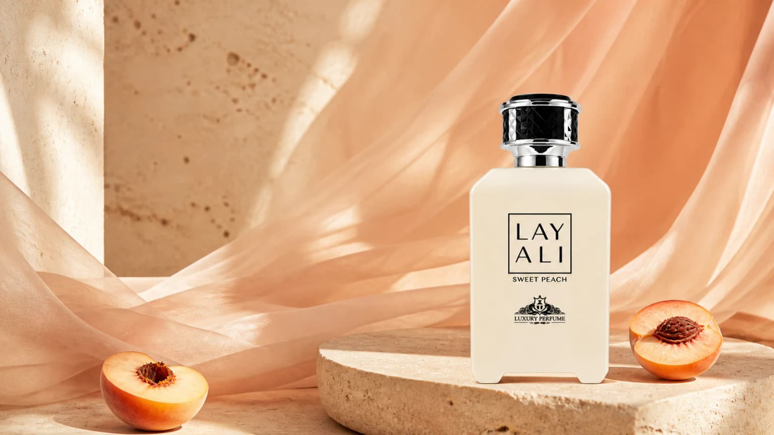 Layali Sweet Peach perfume bottle in a sunlit peach and ivory studio