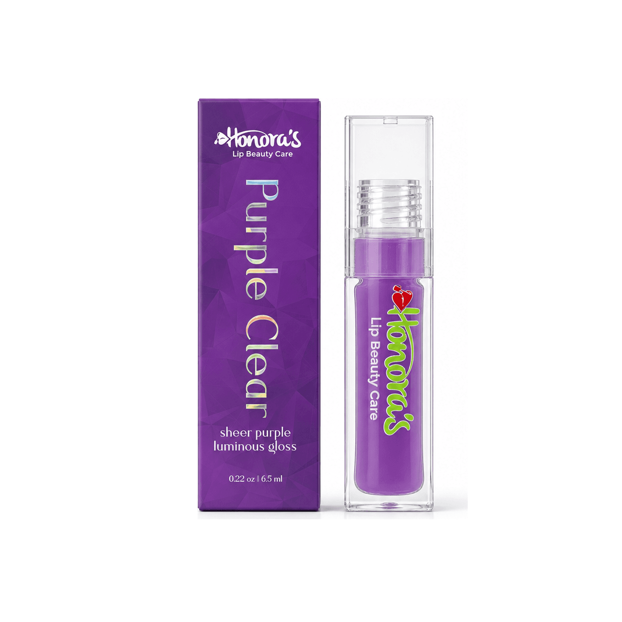 Honoras Purple Clear Lip Gloss front product packaging and tube