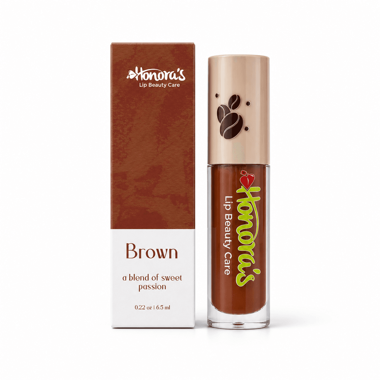 Honoras Brown Lip Gloss front product packaging and tube