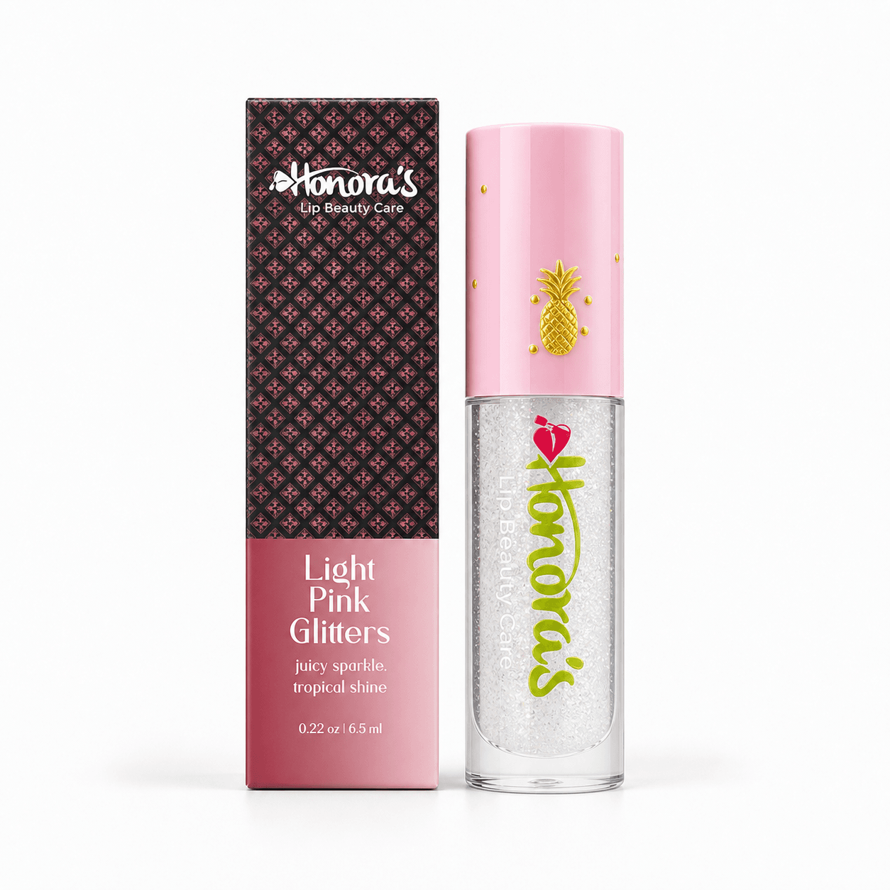 Honoras Light Pink Glitters Lip Gloss front product packaging and tube